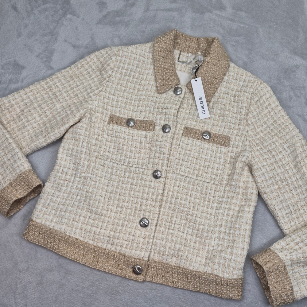 Chicos Tweed Jacket Neutral Beige Contrast Trim Metallic Button Front NWT M (1)